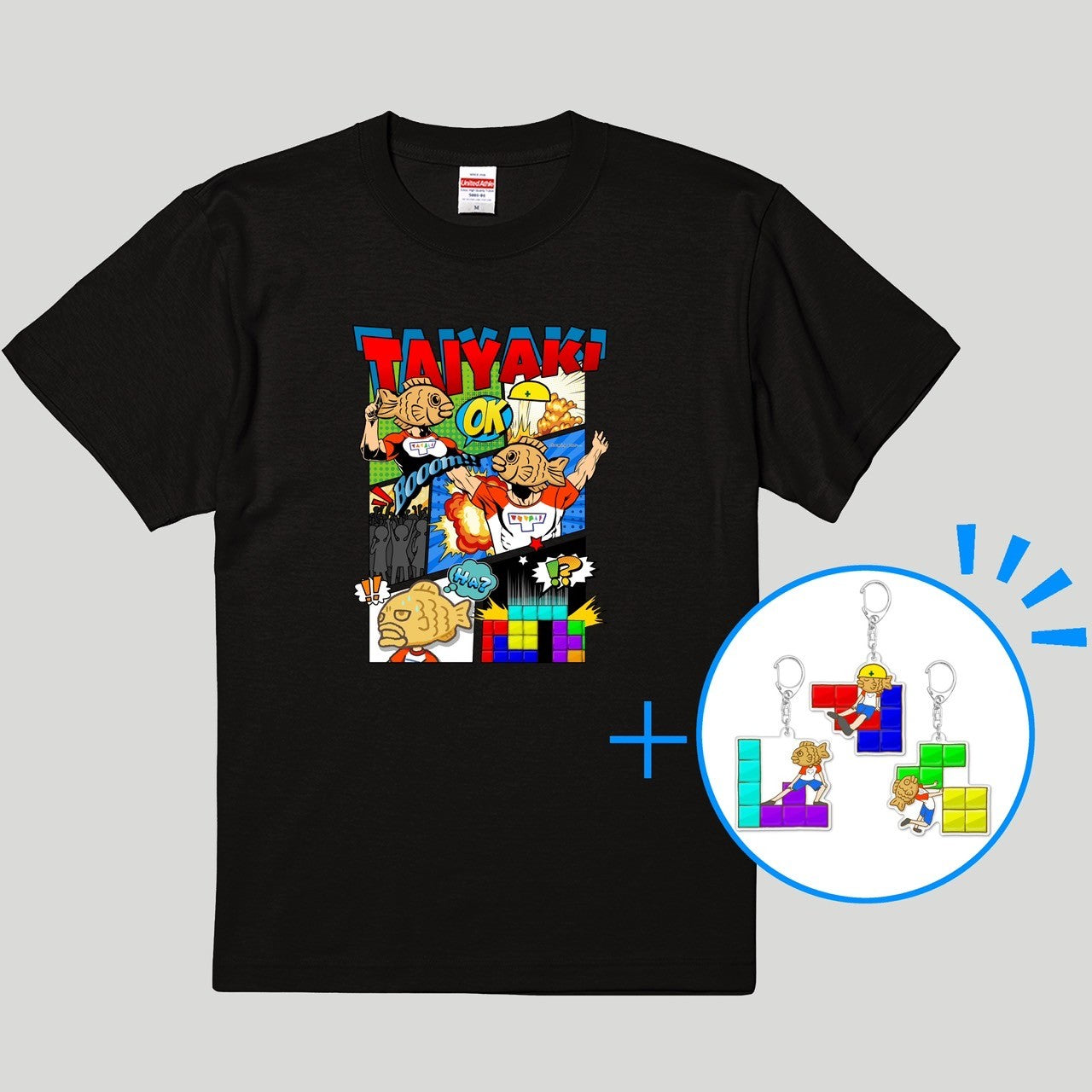 漫画風イラストTシャツ(ブラック)＆キーホルダーセット