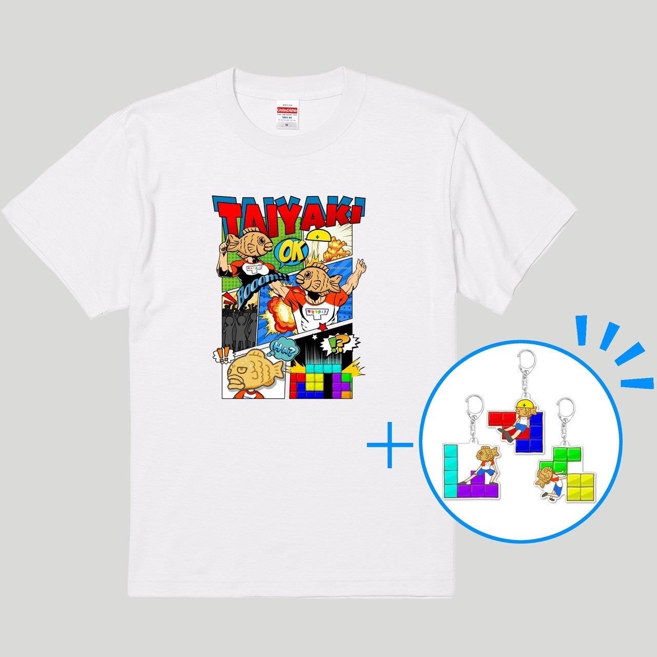 漫画風イラストTシャツ(ホワイト)＆キーホルダーセット